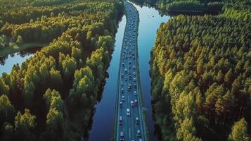 Aerial view of a congested highway cutting through a dense forest, illustrating transportation infrastructure in a natural environment. photo