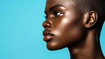 Striking portrait featuring a model with radiant skin and short hair. She is showcased against a light blue backdrop in a side view. photo