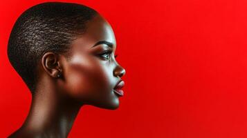 Profile of a striking woman with flawless skin and red lipstick against a vibrant red background. Focus on beauty, simplicity, and elegance. photo