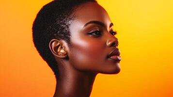 Striking profile portrait with smooth skin and a vivid yellow backdrop, creating a bold and captivating image of natural beauty. photo