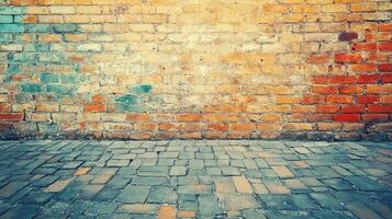 A vibrant textured background featuring a weathered brick wall and a brick-paved floor, offering a rustic and visually engaging scene. photo