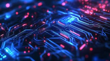 Abstract digital technology background with glowing blue circuit board traces and red dot highlights conveys futuristic tech design. photo