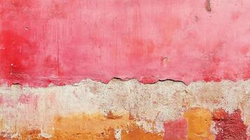 Weathered wall with faded pink and orange hues, showing signs of age and decay, creating a textured and visually striking surface. photo