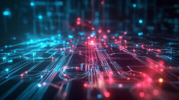 Futuristic data network visualization with blue and red light points. Advanced technology concept with glowing connections. photo