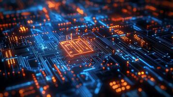 Abstract futuristic circuit board with glowing pathways. The glowing electronic patterns symbolize technology and digital systems. photo