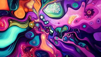 Fluid forms interplay in vibrant hues, creating an abstract composition. Colors merge and diverge, evoking a sense of movement and depth. photo