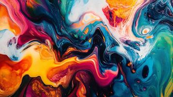 Vibrant abstract painting featuring swirls and blends of multiple bright colors, creating a dynamic and captivating visual experience. photo