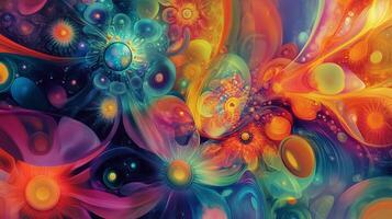 A burst of kaleidoscopic colors dance across a whimsical canvas, where swirling shapes intertwine in a symphony of light and shadow. photo