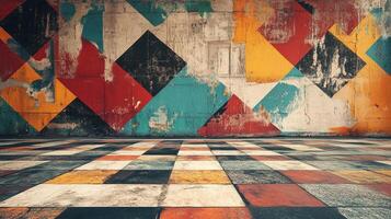 Colorful geometric patterns painted on a weathered wall, complemented by a patterned floor, creating a vibrant, urban background. photo