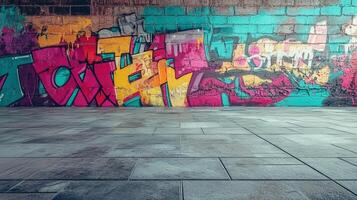 Vibrant graffiti art adorns a textured brick wall, creating a dynamic urban backdrop that contrasts with the sleek concrete floor. photo