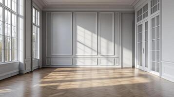 Bright, empty room with herringbone wood floors, large windows, and paneled walls filled with natural light. Simple architectural design. photo