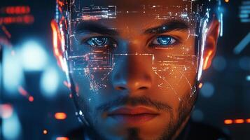 Futuristic portrait of a man with digital interfaces displayed on his face, showing the convergence of human and machine in cyber technology. photo
