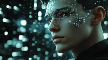 Portrait of a person with augmented reality interface, merging human and technology in futuristic digital experience with lights in background. photo