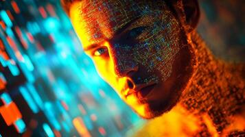 Man's face is overlaid with digital pattern, symbolizing technology and connection. The man's gaze is intense and contemplative. photo