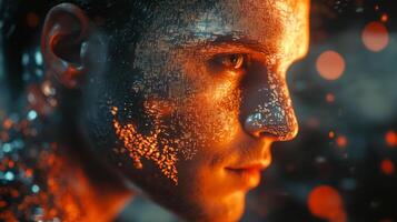 Man with skin overlayed by data, technology, and digital elements. A futuristic and tech-forward aesthetic is visualized in this portrait. photo