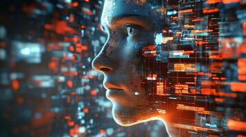 Abstract representation of advanced technology integrating with human form, hinting at future interfaces and digital existence. photo
