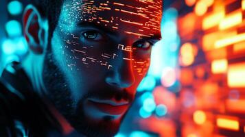 High-tech portrait of a man with a futuristic digital overlay on his face, set against a blurred background of lights and geometric shapes. photo