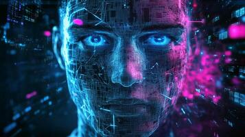 A digital human portrait. Cybernetic face constructed from interconnected glowing data points, rendered in a vibrant, neon-lit atmosphere. photo