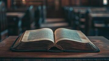 Antique book open on a wooden table, surrounded by the atmosphere of a library, creating an ambiance of knowledge and history. photo