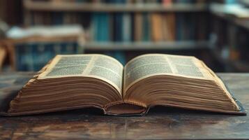 An aged book opened on a table with blurry bookshelves in the background, evoking a sense of history and literary exploration. photo