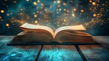 An open book emits glowing particles, resting on a wooden surface with twinkling lights in the background, evoking magic and mystery. photo