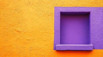 A close-up of a square purple wall indentation set against a warm-toned orange textured wall in a vibrant color block composition. photo