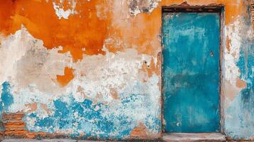 Rustic charm of a weathered wall and turquoise door with peeling paint, blending history and color in a captivating scene. photo