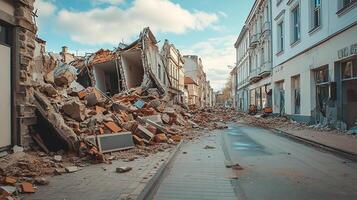 Street devastated by earthquake damage, with debris scattered and buildings collapsed, reconstruction underway in city with cloudy sky photo
