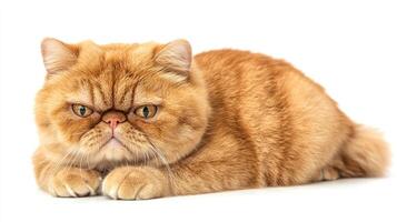 A fluffy orange cat with a flat face, golden eyes, and a grumpy expression is lying down on a white background, looking serious. photo