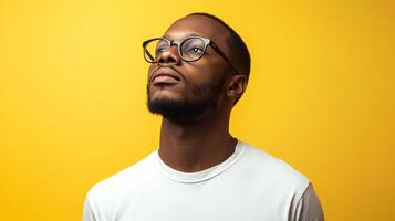 Contemplative man in glasses against a bright yellow backdrop, looking upwards with a thoughtful expression. Simple and stylish portrait. photo