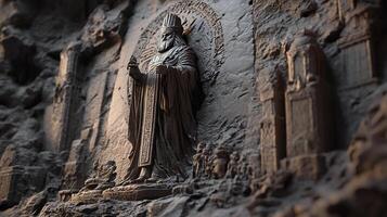 Ancient stone carving depicting a bearded figure in regal attire, surrounded by intricate details and weathered textures. Archeological find. photo