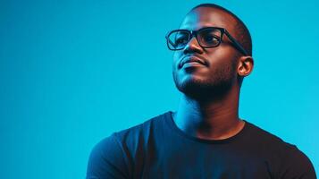 A man with glasses looks up against a vivid blue backdrop. The angle is from below, emphasizing his strong features and thoughtful gaze. photo