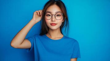 Portrait of an Asian woman with round glasses in front of blue backdrop, holding the frame of her glasses while posing in a studio photo