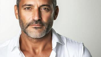 Confident and stylish, a man with a salt and pepper beard exudes charm and sophistication in a crisp white shirt, portraying timeless appeal. photo