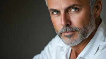 Intense portrait of a mature man with striking grey hair and beard, embodying wisdom and experience through his captivating gaze. photo