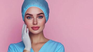 A striking portrait of a healthcare professional in scrubs, emphasizing a clean and confident appearance against a solid color backdrop. photo