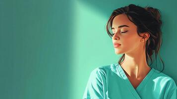 Portrait of a pensive young medical professional in scrubs standing against a solid teal wall with their eyes closed in serene expression. photo