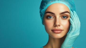Elegant woman in surgical cap and gloves, prepared for medical procedure, emphasizes eye care and cosmetic wellness on solid turquoise backdrop. photo