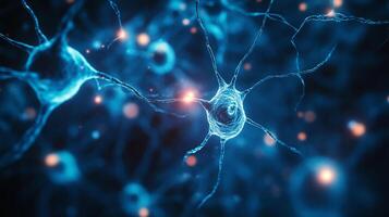 Detailed 3D rendering displays a network of neural cells, highlighting their intricate structures and the crucial role in cellular communication. photo