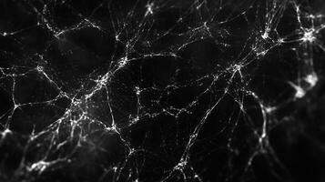 An intricate network of luminous threads weaves across a dark backdrop, resembling a cosmic web or a microscopic landscape. photo