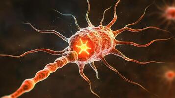 Detailed neuron cell illustration. The image captures the complexity of cellular structure, focusing on the intricate network and vibrant hues. photo