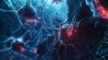 Detailed microscopic view of interconnected neurons with complex branching axons. Neural network communication highlighted by red activity. photo