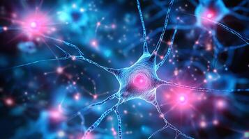 Detailed digital illustration of an abstract neuron cell with glowing pink and blue details, showing the complexity of neural networks. photo