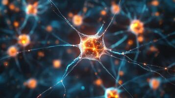 Close-up of neuronal cells with electric activity and connections. Intricate, organic neural network for science and technology. photo