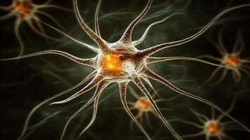 Detailed microscopic depiction of neuron cells, highlighting their intricate structure and connectivity within a neural network. photo