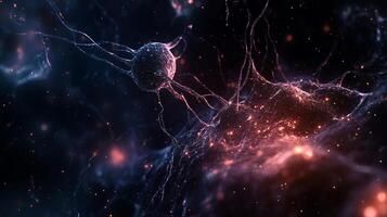 Complex neural network visualized with blue and red hues, showcasing intricate connections and biological processes at a microscopic level. photo