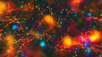 Interconnected network of glowing dots and lines forming a complex, vibrant web, resembling a neural network or abstract data visualization. photo