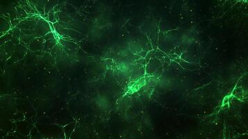 An intricate network of vibrant green lines illuminates the darkness, evoking a sense of complex interconnectedness and energetic flow. photo