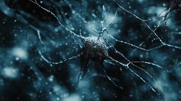 Detailed view of a neuron, showcasing its complex branching structure and intricate cellular components, set against a dark blue backdrop. photo