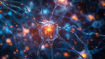 A detailed scientific visualization of neuronal connections and cell activity, highlighting intricate biological processes within the brain. photo